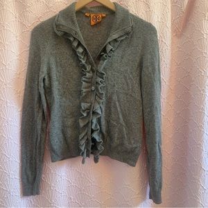 Tory Burch Grey Merino Wool Ruffle Cardigan